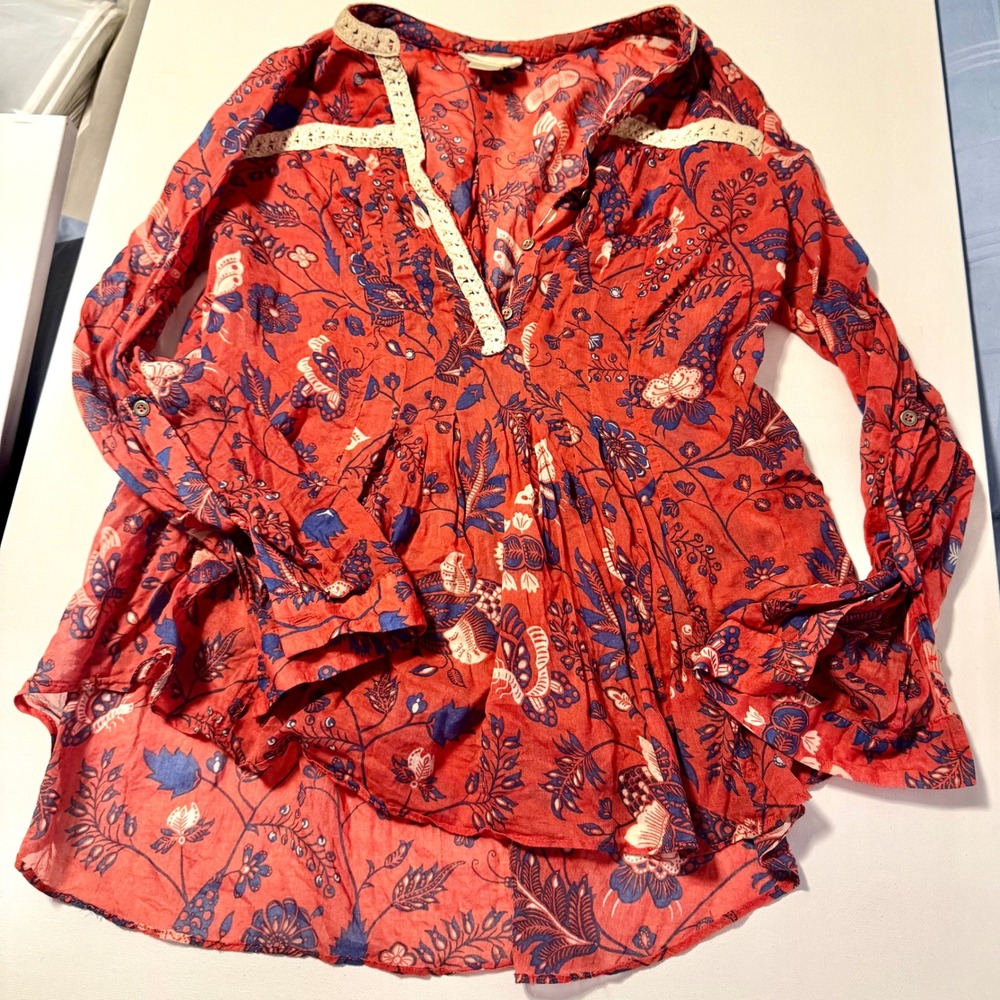 Maeve‎ Anthropologie Sheer Red Floral Boho Blouse Crochet Trim Peasant Top 0